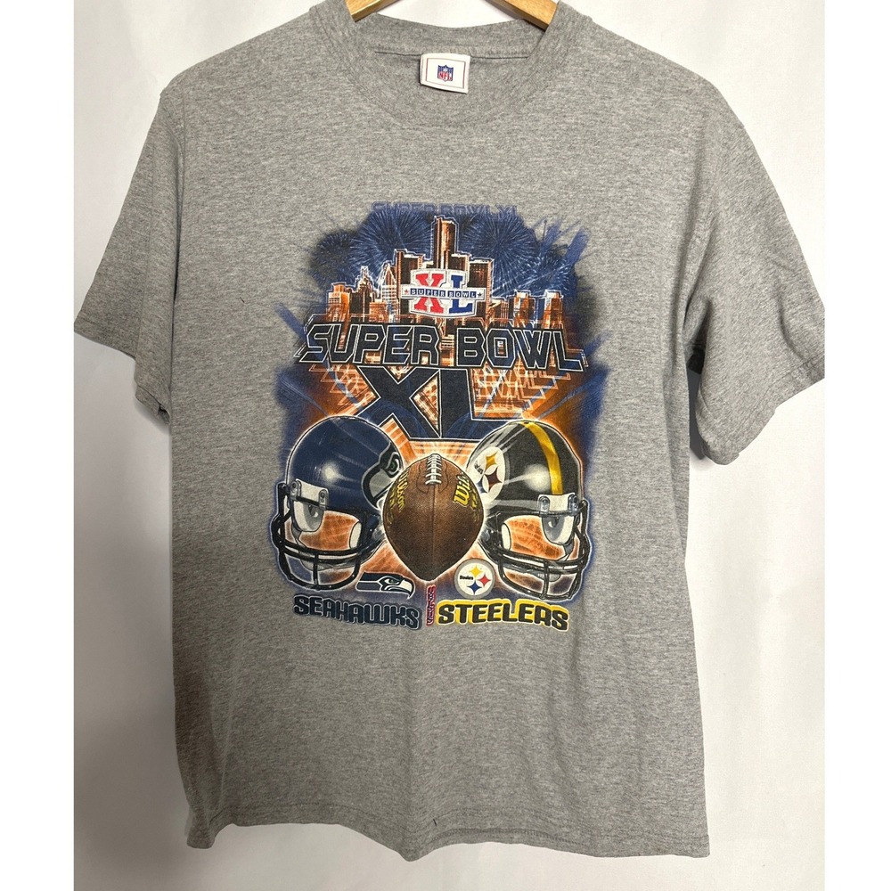 NFL Super Bowl XL 40 Seahawks vs Steelers Gray Graphic T-Shirt Mens Large 2006
